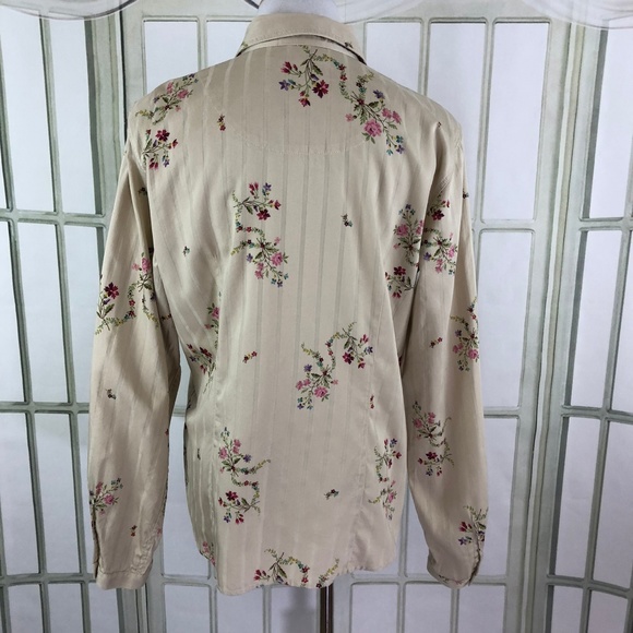 Button Down Tan Pink Floral Long Sleeve Career Top - Picture 2 of 8